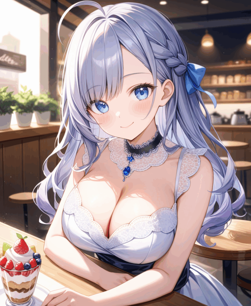 「喫茶店でケーキを前に微笑むアニメ風の少女。セーラームーンの変身シーンを思わせる、キラキラとした優雅な髪と雰囲気が魅力的。」