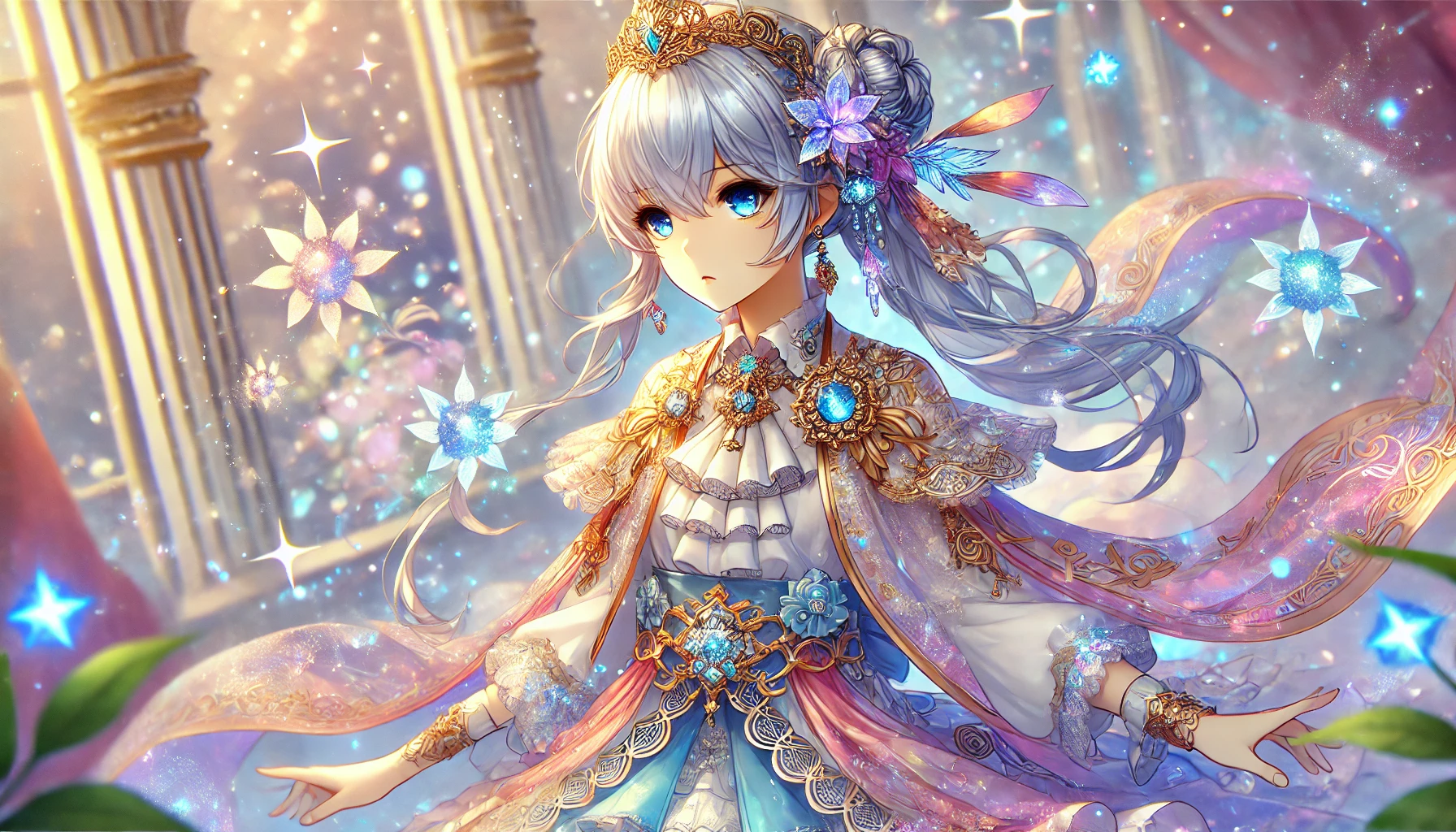 魔法少女が星空の下で未来を見つめながら思索する幻想的なシーン。