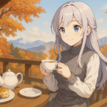 秋の山々を背景に、銀髪の少女がテラスで紅茶を楽しんでいるアニメ風イラスト