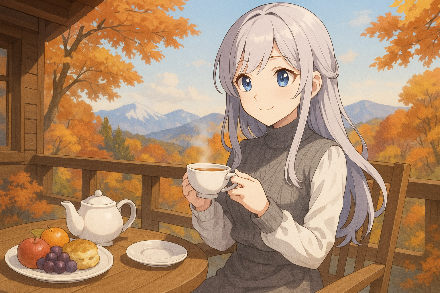 秋の山々を背景に、銀髪の少女がテラスで紅茶を楽しんでいるアニメ風イラスト