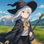 銀髪と青い目をした若い魔法使いが杖を持ち、髪を風になびかせながら風の強い道​​を歩いています。