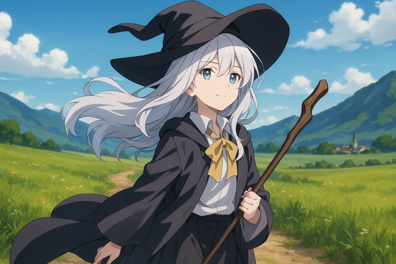 銀髪と青い目をした若い魔法使いが杖を持ち、髪を風になびかせながら風の強い道​​を歩いています。